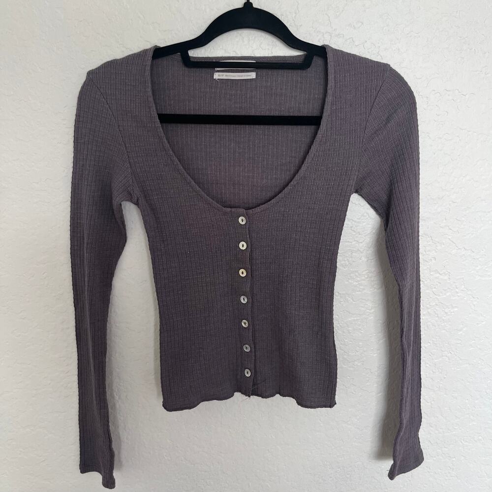 Urban Outfitters Women's Ribbed Long Sleeve Scoop Neck Button Front Top Size XS